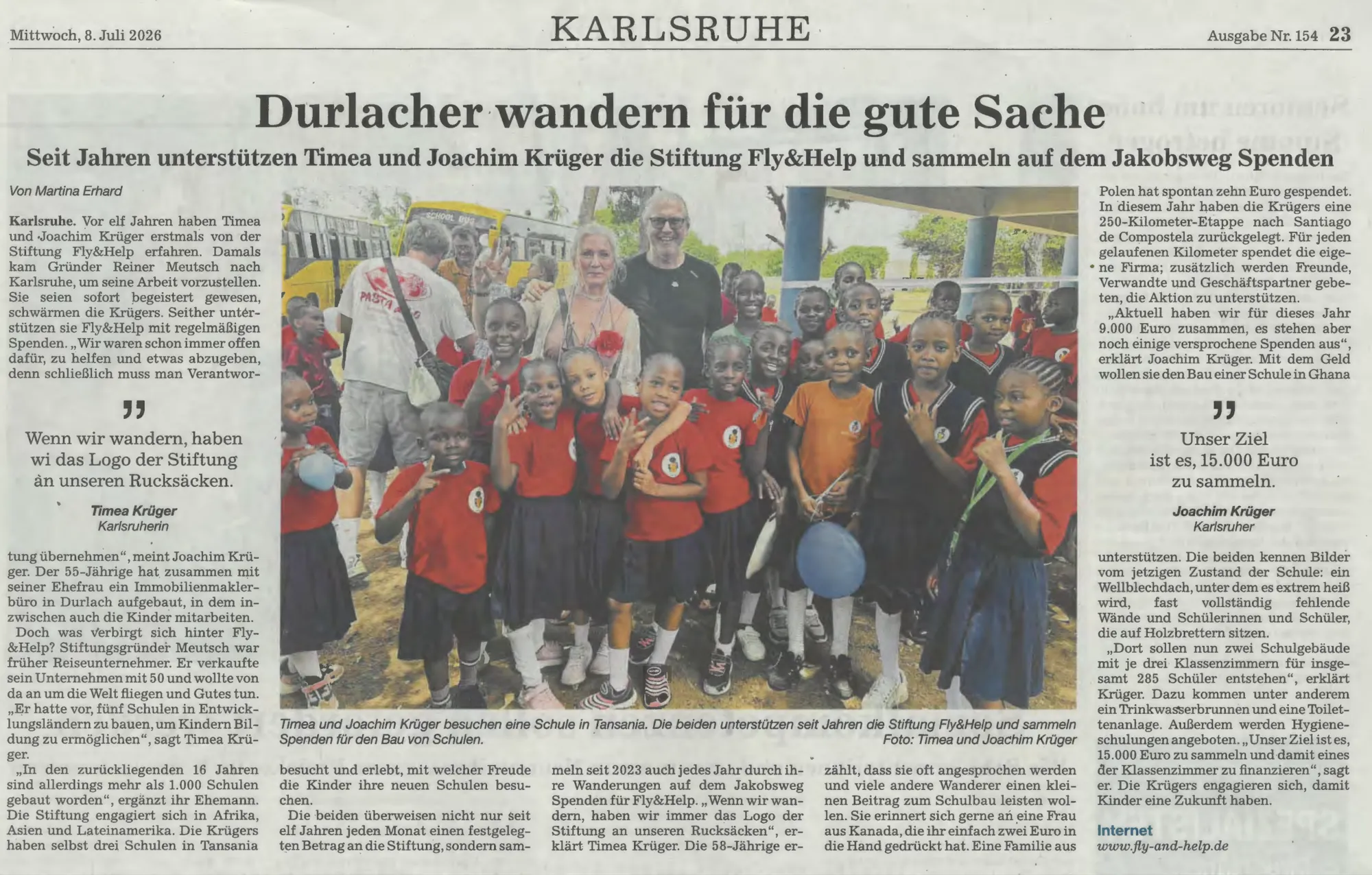Zeitungsartikel „Durlacher wandern für die gute Sache“ aus den Badischen Neuesten Nachrichten vom 8. Juli 2026