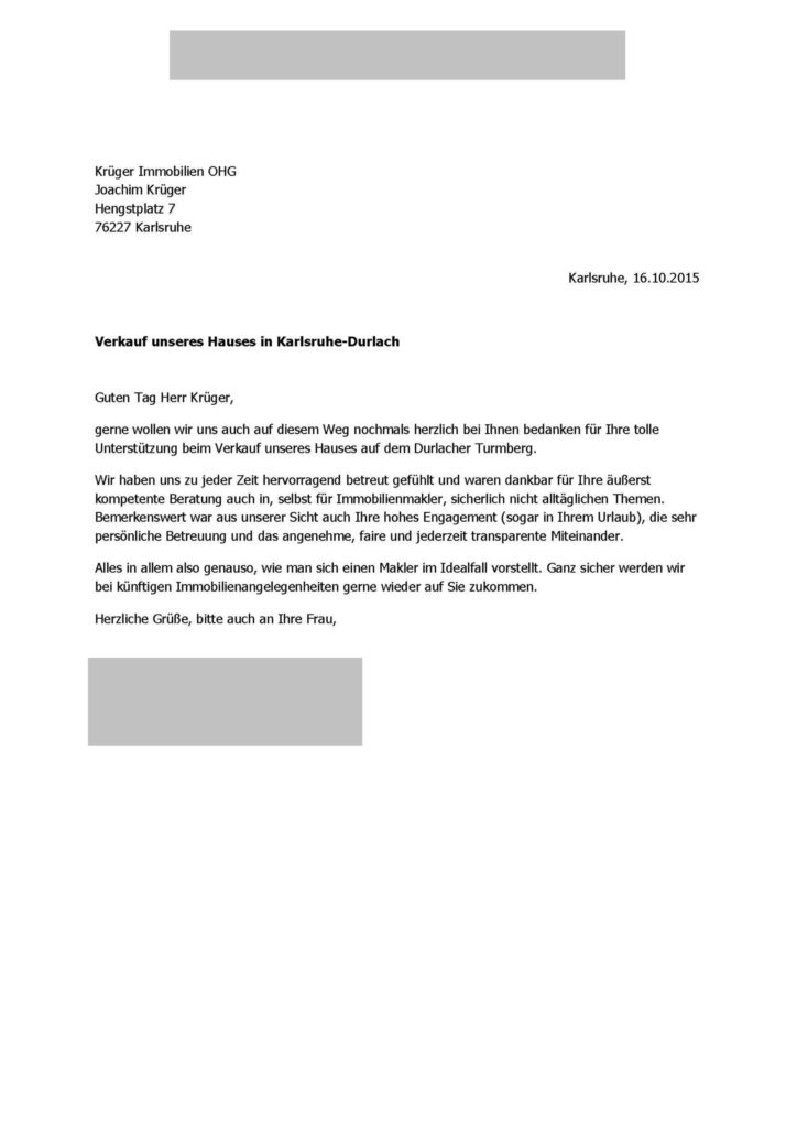 Referenzschreiben Kruger Immobilien Ohg Immobilienmakler Karlsruhe Durlach
